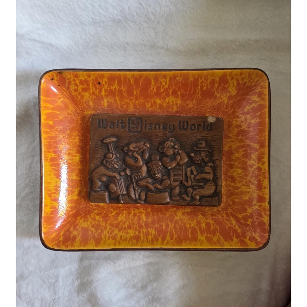 Vintage 1970s Walt Disney World Country Bear Jamboree Ceramic Dish, Orange Drip